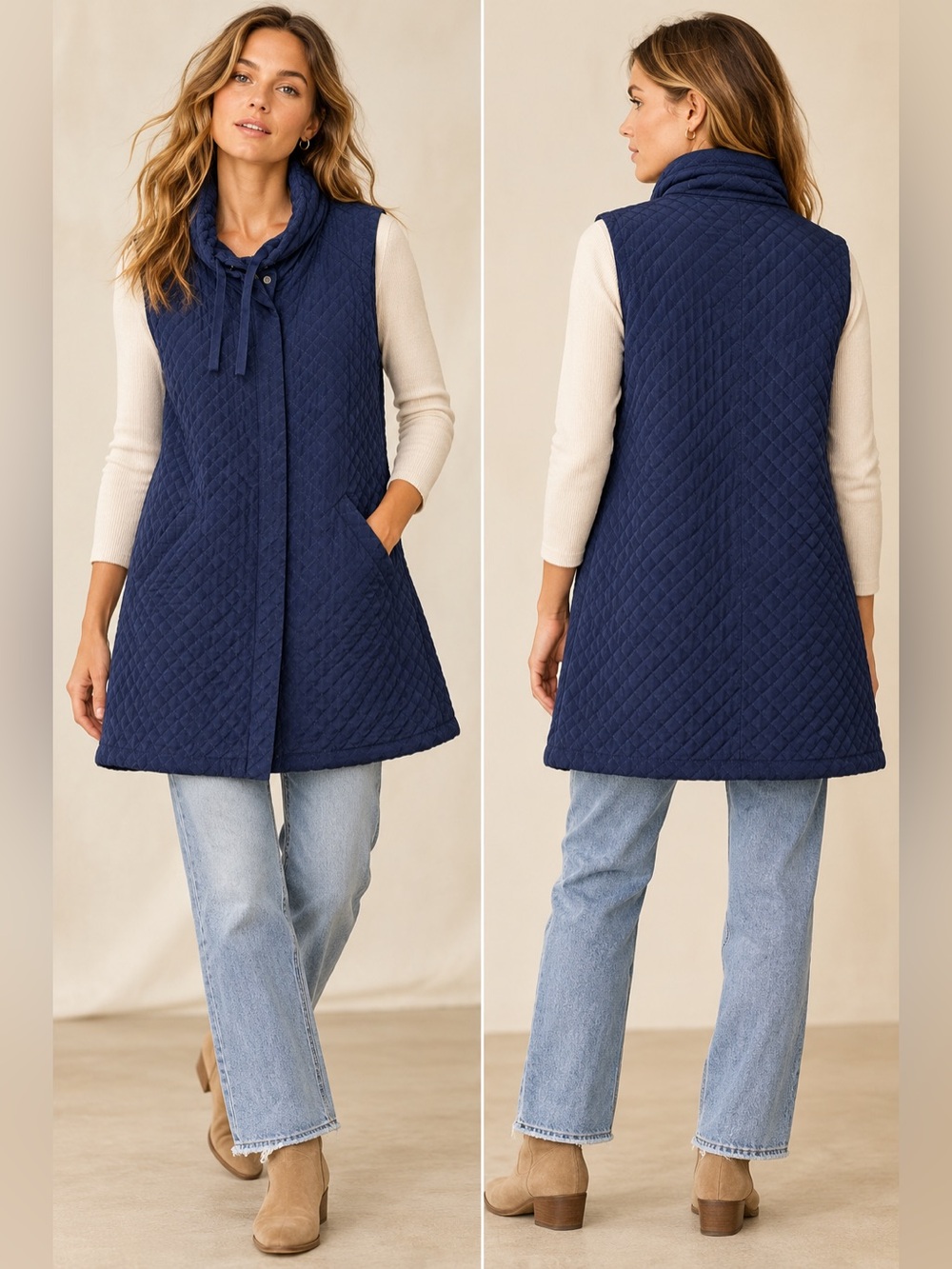 Eileen Fisher Quilted 100% Silk Vest Women Medium Navy Blue Long Funnel Neck Zip